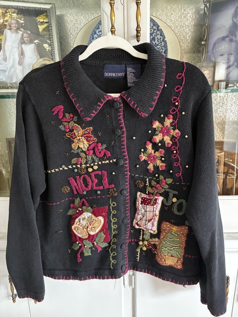 Women’s Ugly Christmas Black Embroidered 'Noel' Holiday Cardigan Sweater Large